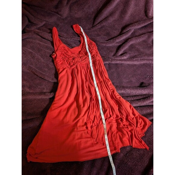 KISCHE Women's Mini Dress Stretch Ruched Empire Waist Sz M Solid Red Orange - Picture 3 of 7